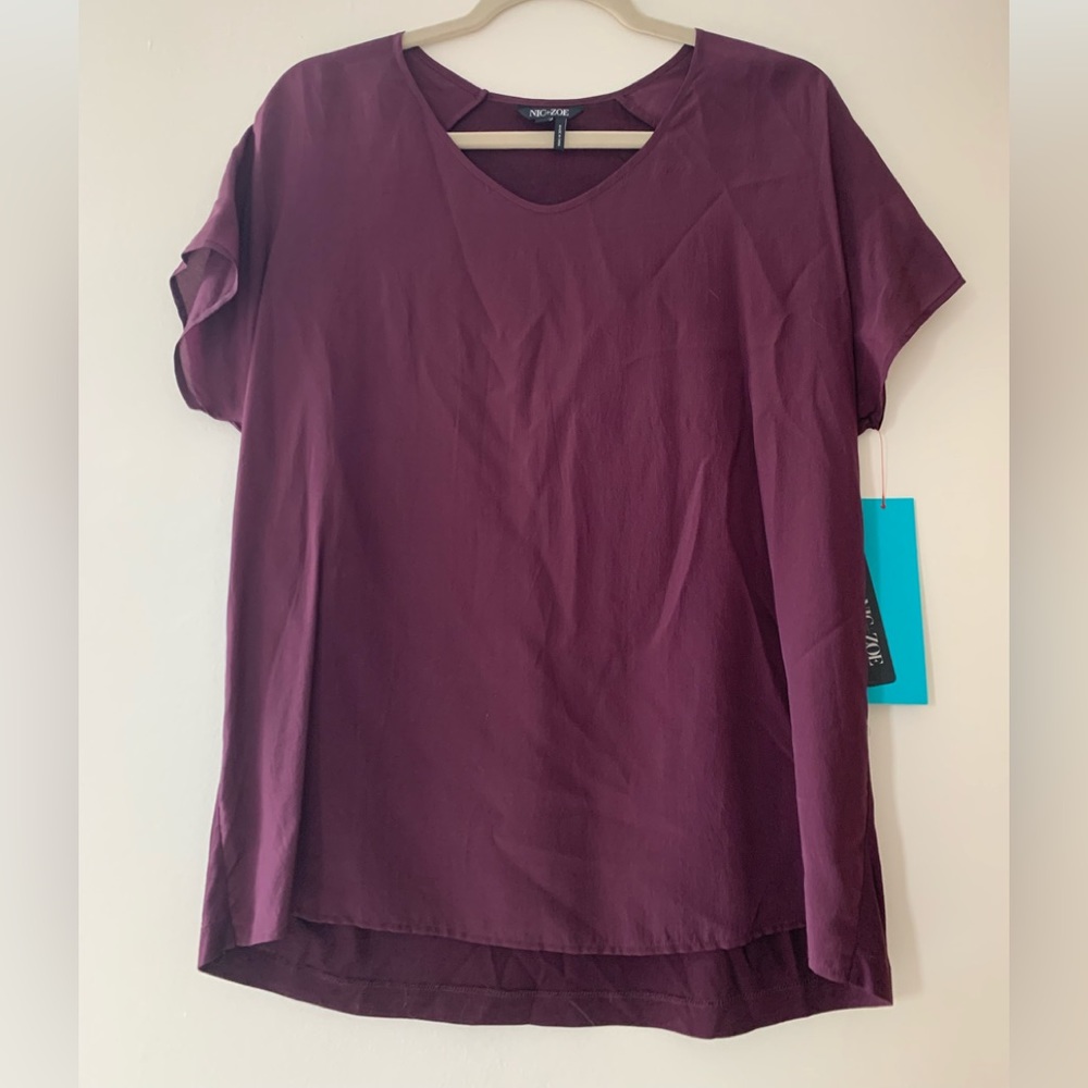Nic+Zoe Women’s Sheer Maroon Red Burgundy Short Sleeve T-Shirt Size M